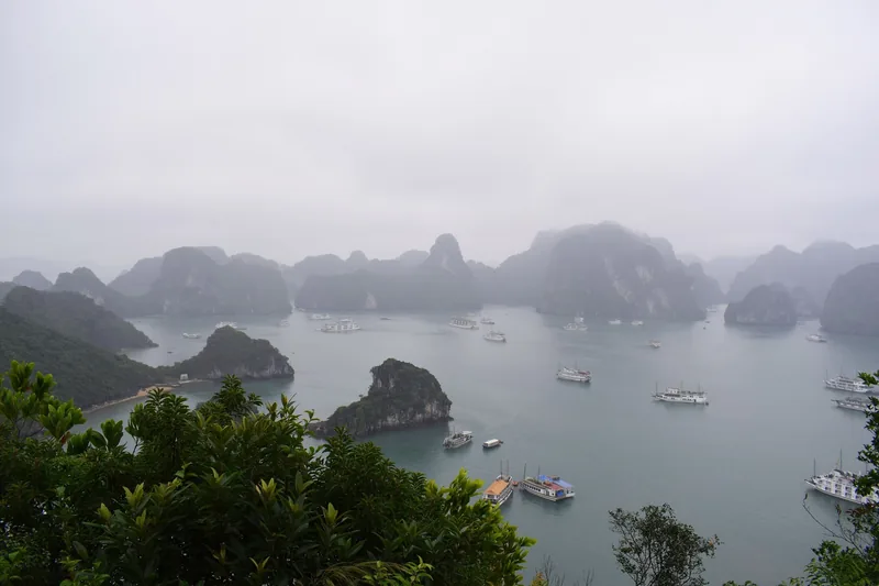 Misty limestone karsts and cruise boats seen from a viewpoint above Ha Long Bay, Vietnam.
