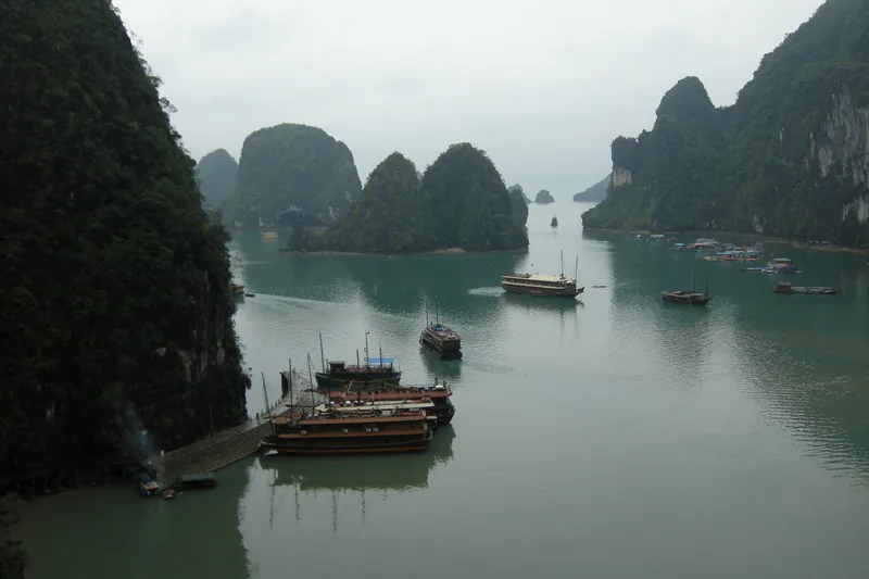 Traditional junk boats float among limestone karsts in Ha Long Bay, Vietnam, seen from an elevated viewpoint.